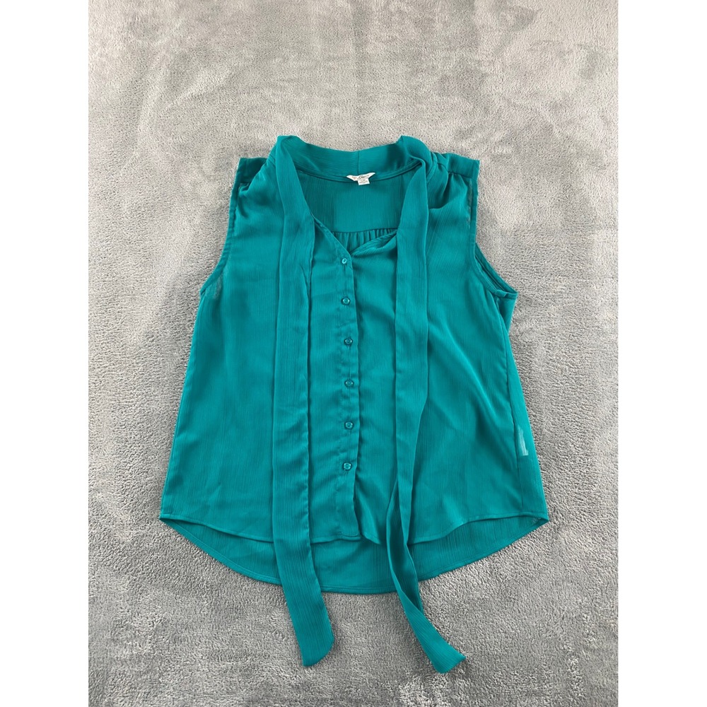 Guess Womens Teal Green Tie Neck Sleeveless Button Down Chiffon Blouse Small USA